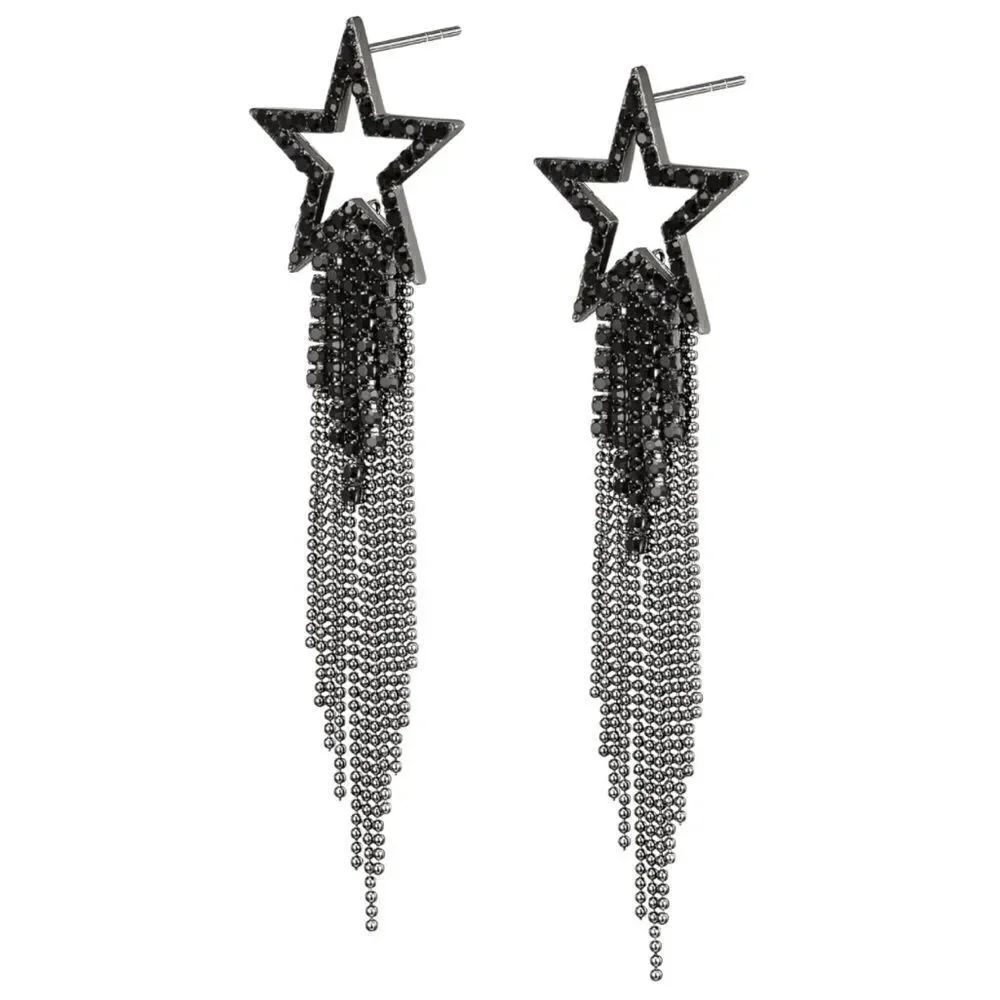 Black with Black Onyx Crystal Star Beaded Tassel Post Back Dangling Earrings